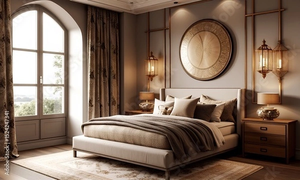 Obraz Elegant and Cozy Bedroom Interior with Soft Lighting and Textures