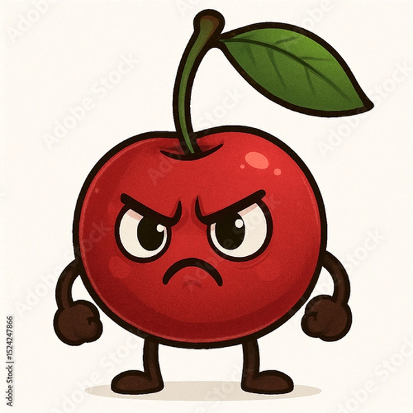 Fototapeta Angry Cartoon Cherry Character with Leaf and Fists on White Background
