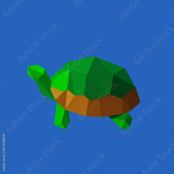 Fototapeta Low Poly Turtle Walks Slowly on Blue Background

