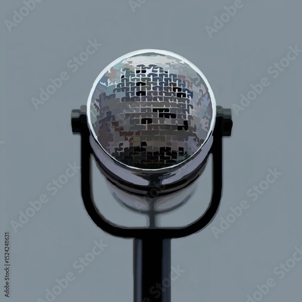 Fototapeta Pixelated Microphone Stands Solemnly on Grey Backdrop

