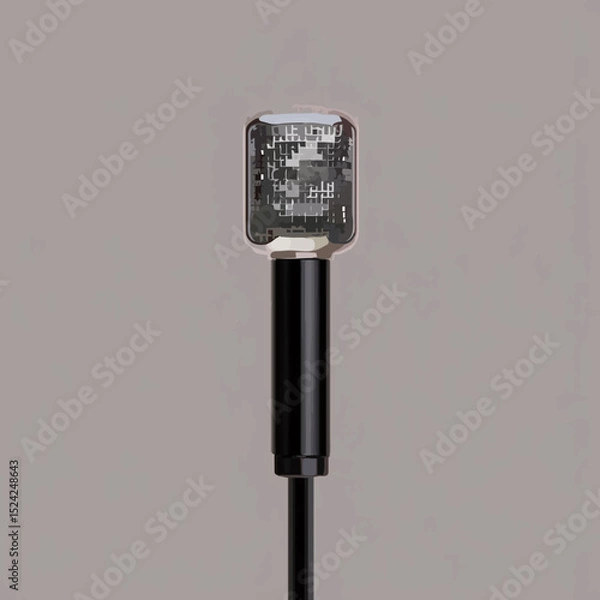 Fototapeta Pixelated Microphone Stands Solemnly on Grey Backdrop


