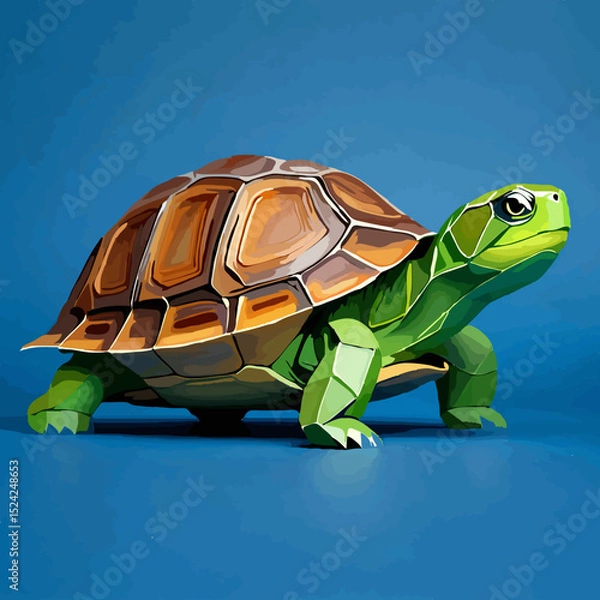 Fototapeta Low Poly Turtle Walks Slowly on Blue Background


