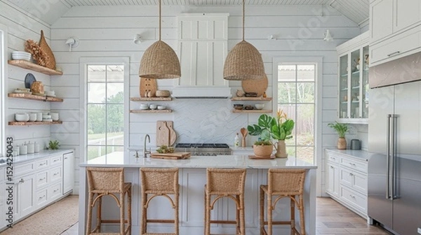 Fototapeta Modern farmhouse kitchen showcasing natural materials and stylish design elements for a bright and inviting space