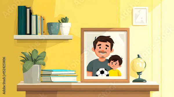 Fototapeta Simple Flat Vector Illustration of Father and Son Playing Football in a Photo Frame on an Office Desk