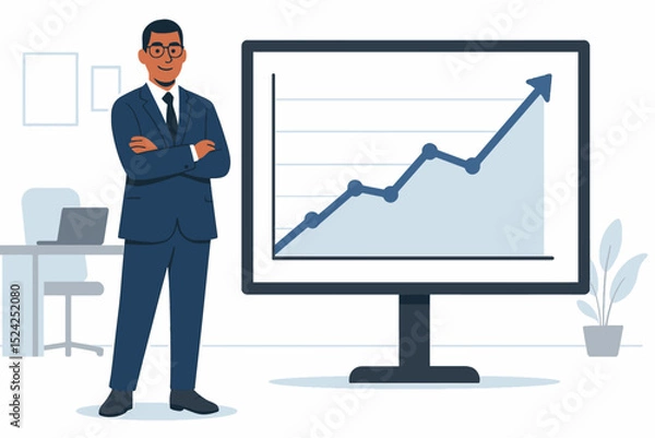 Fototapeta CFO standing confidently beside screen showing market trends in corporate office flat vector illustration