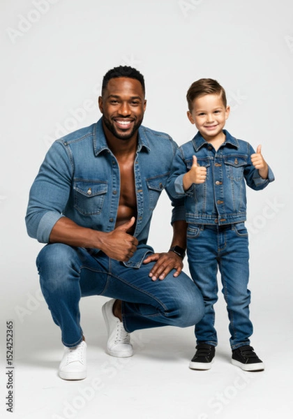 Fototapeta Father and Son Wearing Matching Denim Outfits – Thumbs Up Pose in Studio