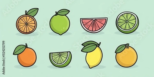 Obraz Simple Vector Citrus Fruit Set with Clear Outlines