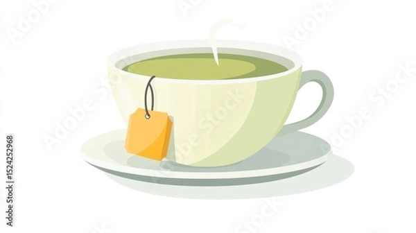Fototapeta Steaming cup of green tea with tag on a saucer, isolated on white