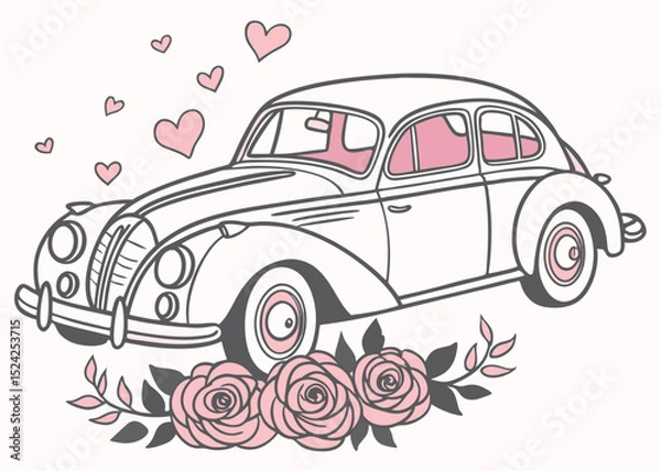 Obraz Vintage car with roses and hearts vector illustration for Valentine's Day, wedding or anniversary

