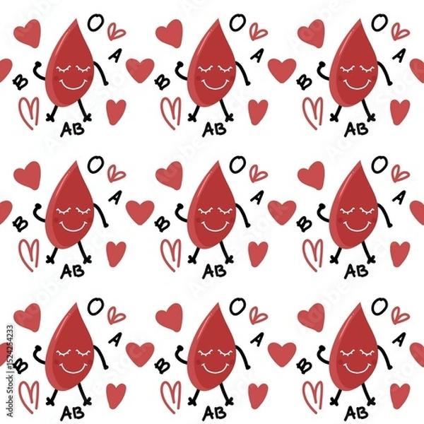 Fototapeta Seamless pattern featuring a cute smiling blood drop cartoon with arms and legs, surrounded by heart icons and blood types (A, B, AB, O). Ideal for World Blood Donor Day, medical-themed design.