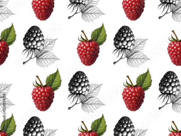 Fototapeta Seamless Pattern with Realistic and Hand-Drawn Graphic Vintage Cherries.