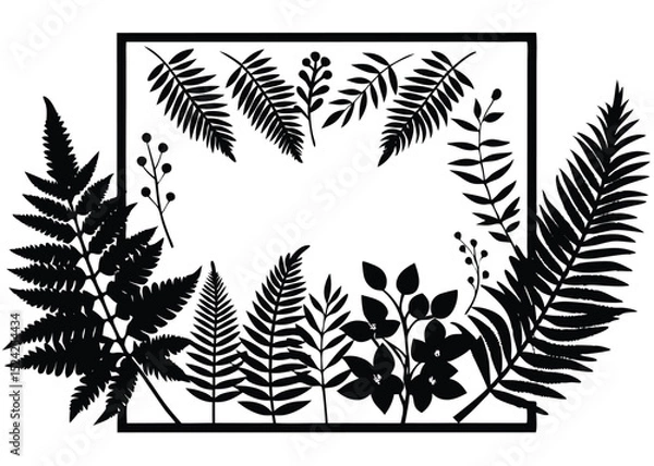 Obraz Botanical frame with fern leaves and flowers vector illustration for design and decoration art
