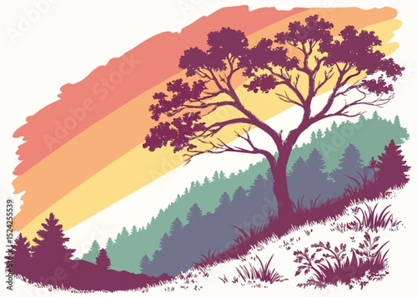 Obraz Vector landscape illustration of nature with a tree forest and sunset for graphic design art
