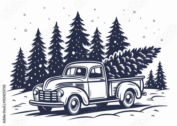 Obraz Vintage Christmas truck with tree vector illustration for the holiday season and winter design elements
