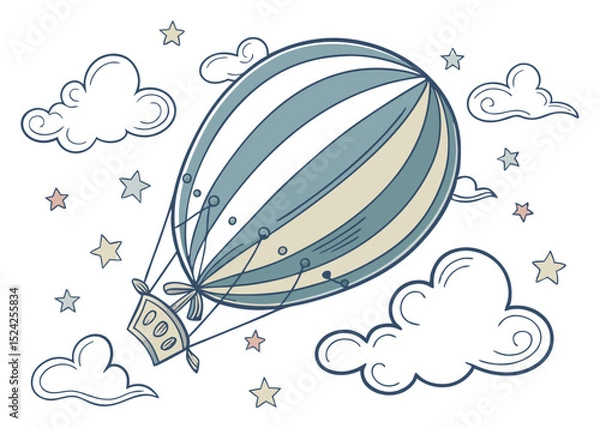 Obraz Cartoon hot air balloon flying in the sky with clouds and stars vector illustration graphic design
