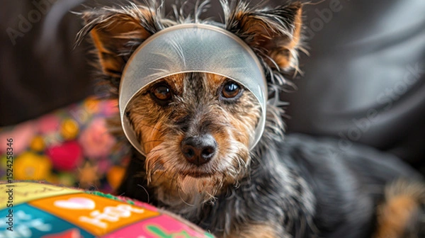 Fototapeta Sympathetic Pet with Cone of Shame and Get-Well-Soon Card