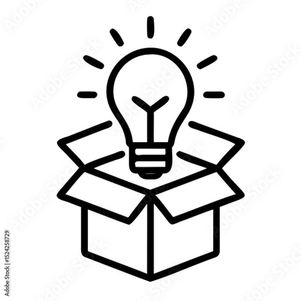 Fototapeta A lightbulb with radiating lines sitting in an open box in a black and white design on transparent background