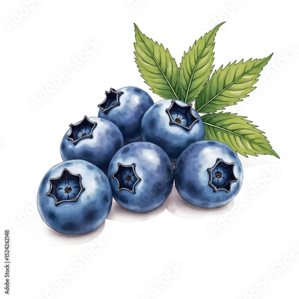 Fototapeta Colorful illustration of Blueberries with green leaves in sketch style on white background