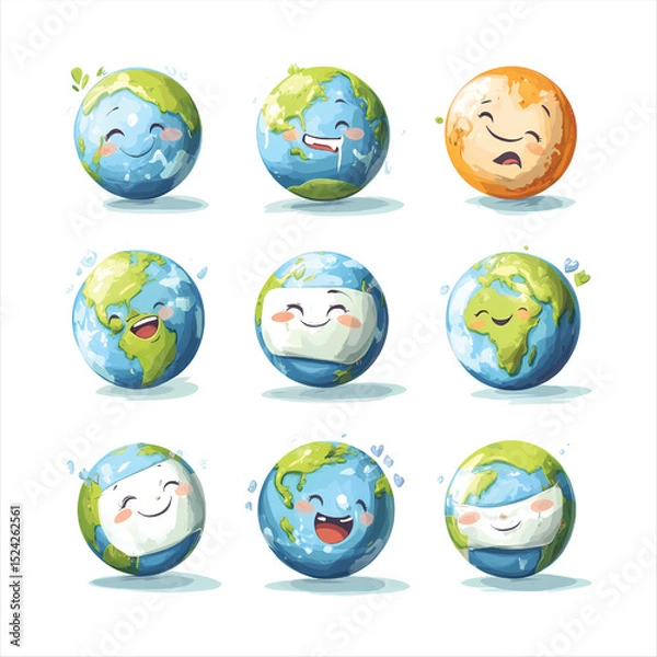 Fototapeta Cute earth character smile emotions set transparent background