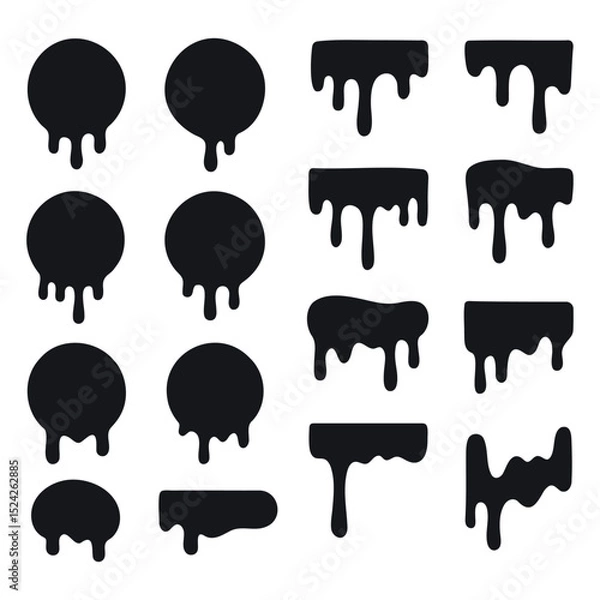 Obraz Dripping paint icon set. Current liquid. Paint flows. Melted circle logo. Current paint, stains. Current inks.