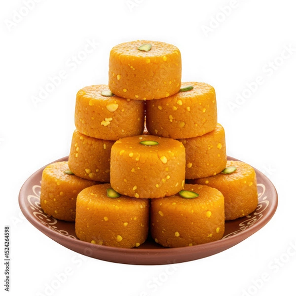 Fototapeta Stack of motichoor ladoos on plate on transparent background