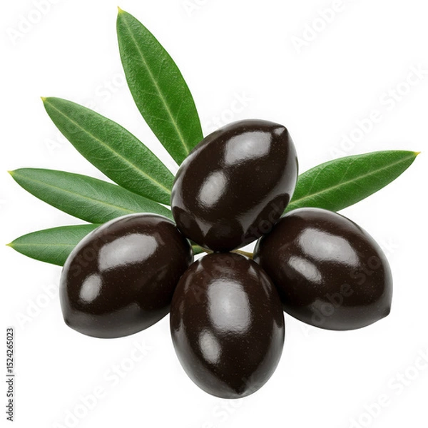 Fototapeta Pile of black olives with leaves on transparent background