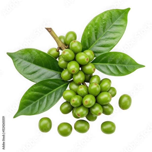 Fototapeta Green coffee beans and leaves isolated on transparent background
