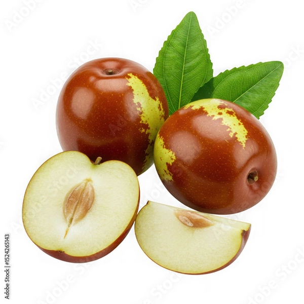 Fototapeta Jujube fruit with leaves and slices on transparent background