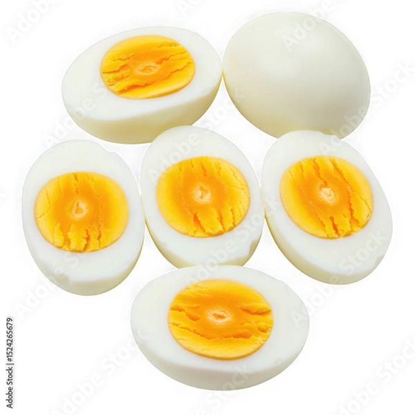 Fototapeta Boiled eggs halves and whole on transparent background