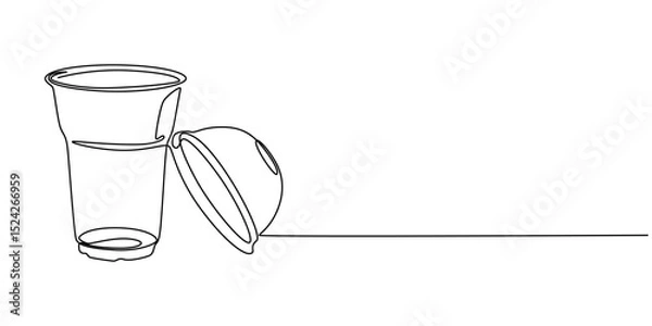 Fototapeta Plastic cup with dome lid continuous one line drawing, Cup with dome. Icon on Red background with shadow, Single line drawing of a hand holding a cup of iced coffee. Clear plastic cup with sphere