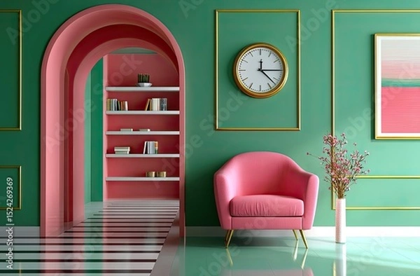 Fototapeta A simple composition of an emerald green wall with a pink armchair and gold geometric art, set against the white background of a modern room