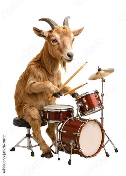 Fototapeta Musical Goat Drummer: A playful goat sits behind a drum kit, skillfully playing the drumsticks.  The goat's expressive eyes and focused pose create a humorous and endearing image.