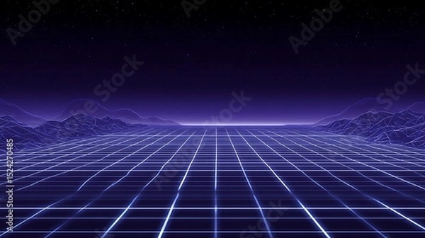 Obraz Retro synthwave grid with starlit mountains