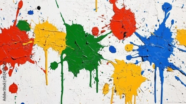 Fototapeta Abstract paint splatters on a white wall creating a color splash background ideal for artistic expressions