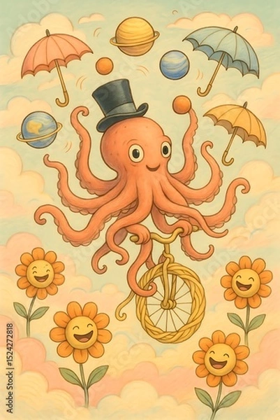 Obraz Whimsical Octopus Juggling Planets on Spaghetti Unicycle in Pastel Sky