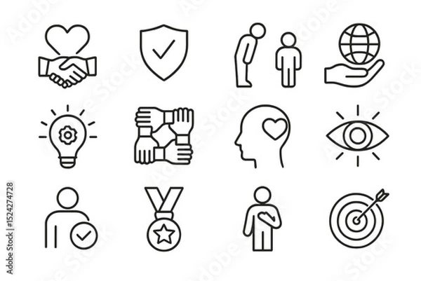 Obraz Outline icons of teamwork, innovation, trust, and global awareness symbols