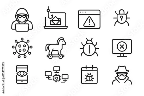 Fototapeta Cybersecurity icons depicting malware and phishing threats in digital world