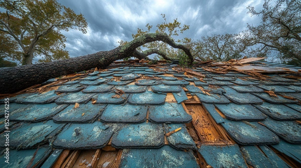 Fototapeta Wrecked roof with uprooted tree on top, broken gutters and debris, cloudy stormy backdrop highlighting natural disaster effects 