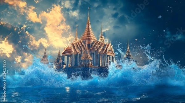Fototapeta Majestic temple emerging from turbulent waves beneath a dramatic sky at sunset