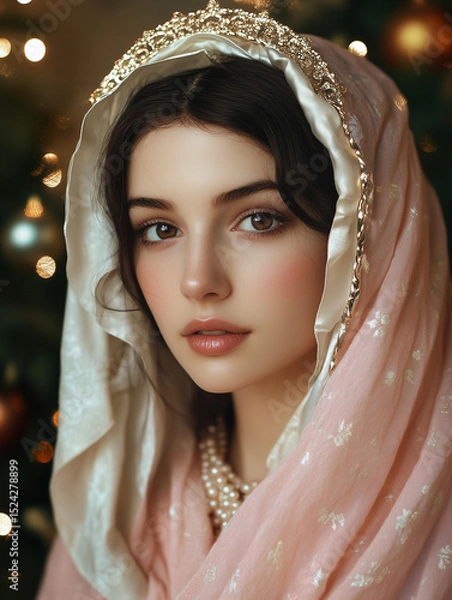 Fototapeta Blessed Virgin Mary with sparkling halo and delicate expression
