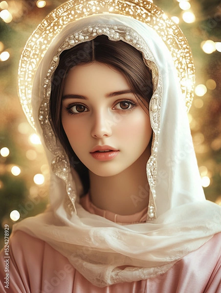 Fototapeta Blessed Virgin Mary with sparkling halo and delicate expression
