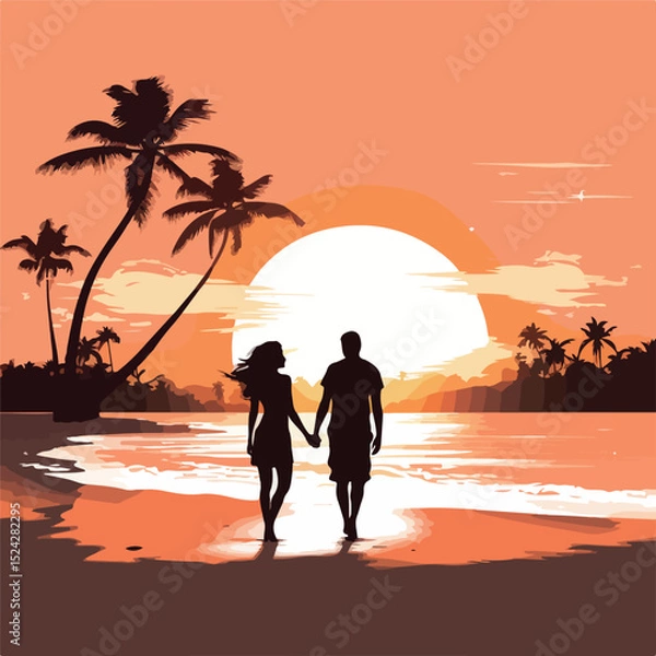 Fototapeta Romantic Couple Silhouette on Beach Scene Vector Illustration for Graphic Design Projects