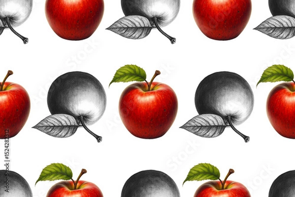 Fototapeta Seamless Pattern with Realistic and Hand-Drawn Graphic Vintage Cherries.