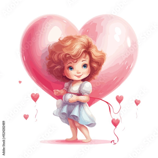 Fototapeta Romantic Cupid Holding Heart-Shaped Balloon Vector Illustration for Valentine's Day Designs
