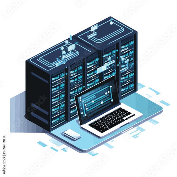 Fototapeta Modern Data Center and Laptop Design Vector Illustration for Technology Concept