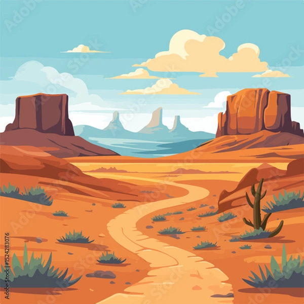 Fototapeta Desert Landscape Flat Scene with Road Vector Illustration - Detailed and Realistic Depiction for Design Projects