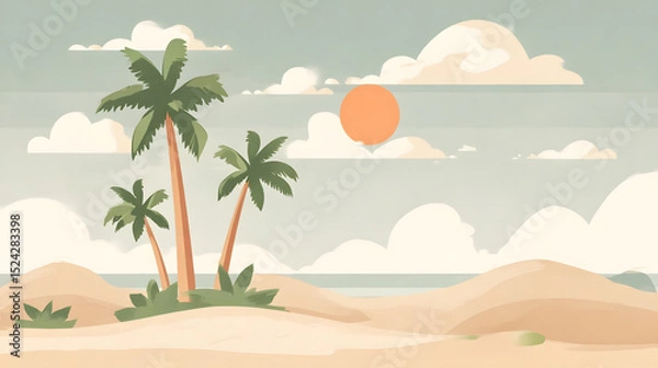 Fototapeta Beach Cartoon Background Vector, Simple Cute Style, Pastel Colors, Palm Trees, Sand Dunes, Sun, Clouds, Sky, Simple Lines, Flat Design, Soft Tones, Cute Illustration, Cartoon Elements, Sense of Space
