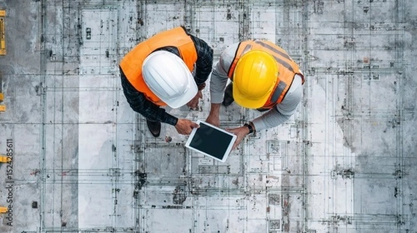 Fototapeta Engineers Collaborating with Tablet in Aerial View over Construction Site
