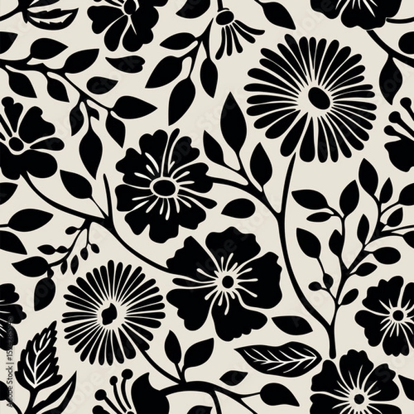 Obraz Elegant black silhouette floral pattern on cream background repeating botanical design