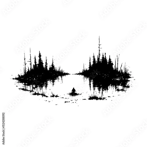 Fototapeta a drawing of a landscape with a small lake and trees in black ink art, black, drawing, forest, ink, lake, landscape, small, tree, water , Generative art.